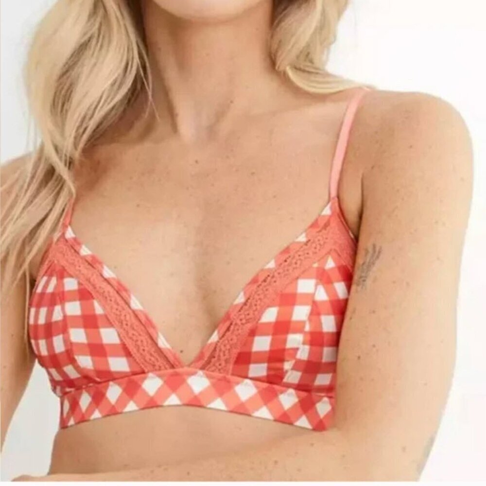 Aerie Women’s Medium Gingham Checkered Bra in Peachy Pink and White